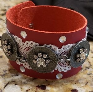 Red leather and Lace metal & rhinestones  bracelet